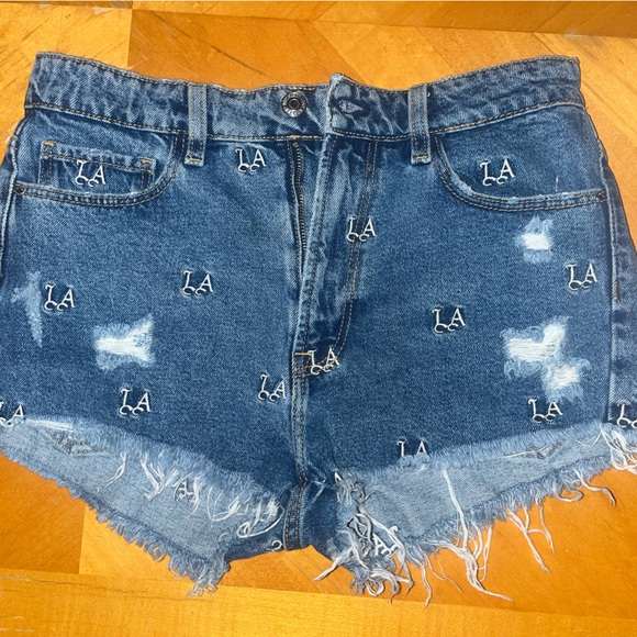 Guess Blue Jean Shorts with White Embroidery - Picture 1 of 4